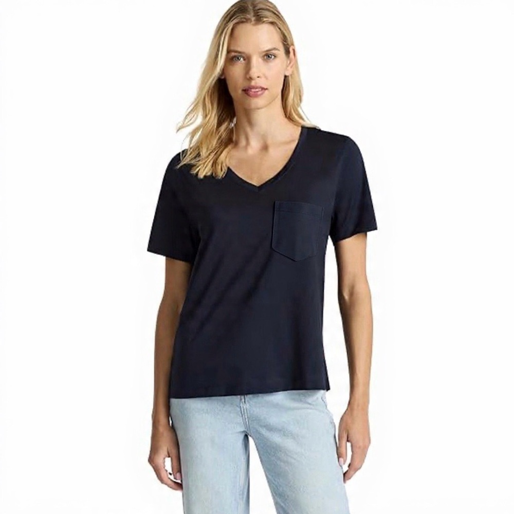 Sanctuary Womens Short Sleeve V-Neck Pocket Tee Sz Large Black Cotton Modal New